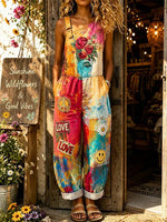 Women's Graffiti Rose Peace Sign One Shoulder Overall Jumpsuit