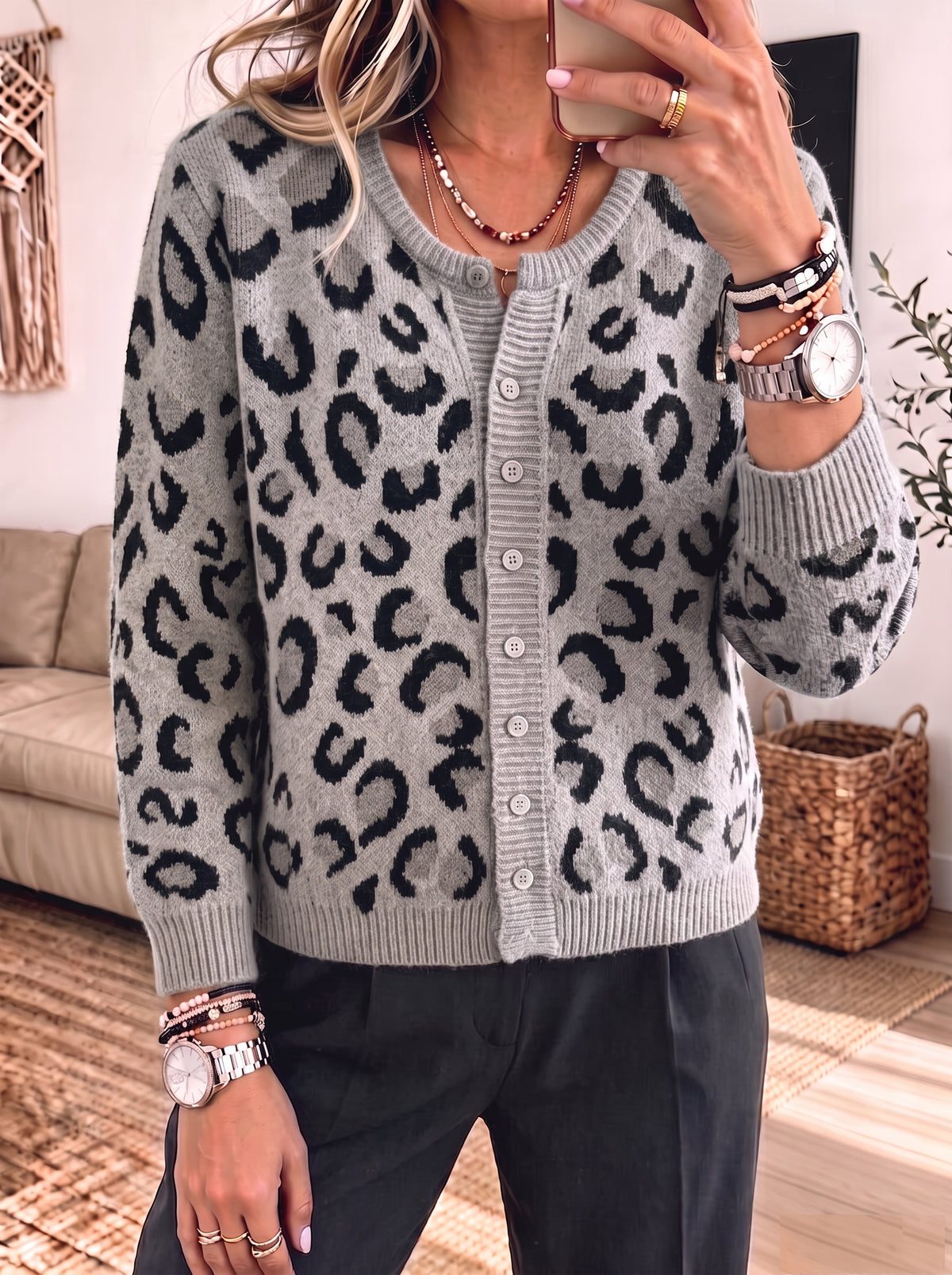 Leopard Print Round Neck Button‑front Long Sleeve Knit Cardigan