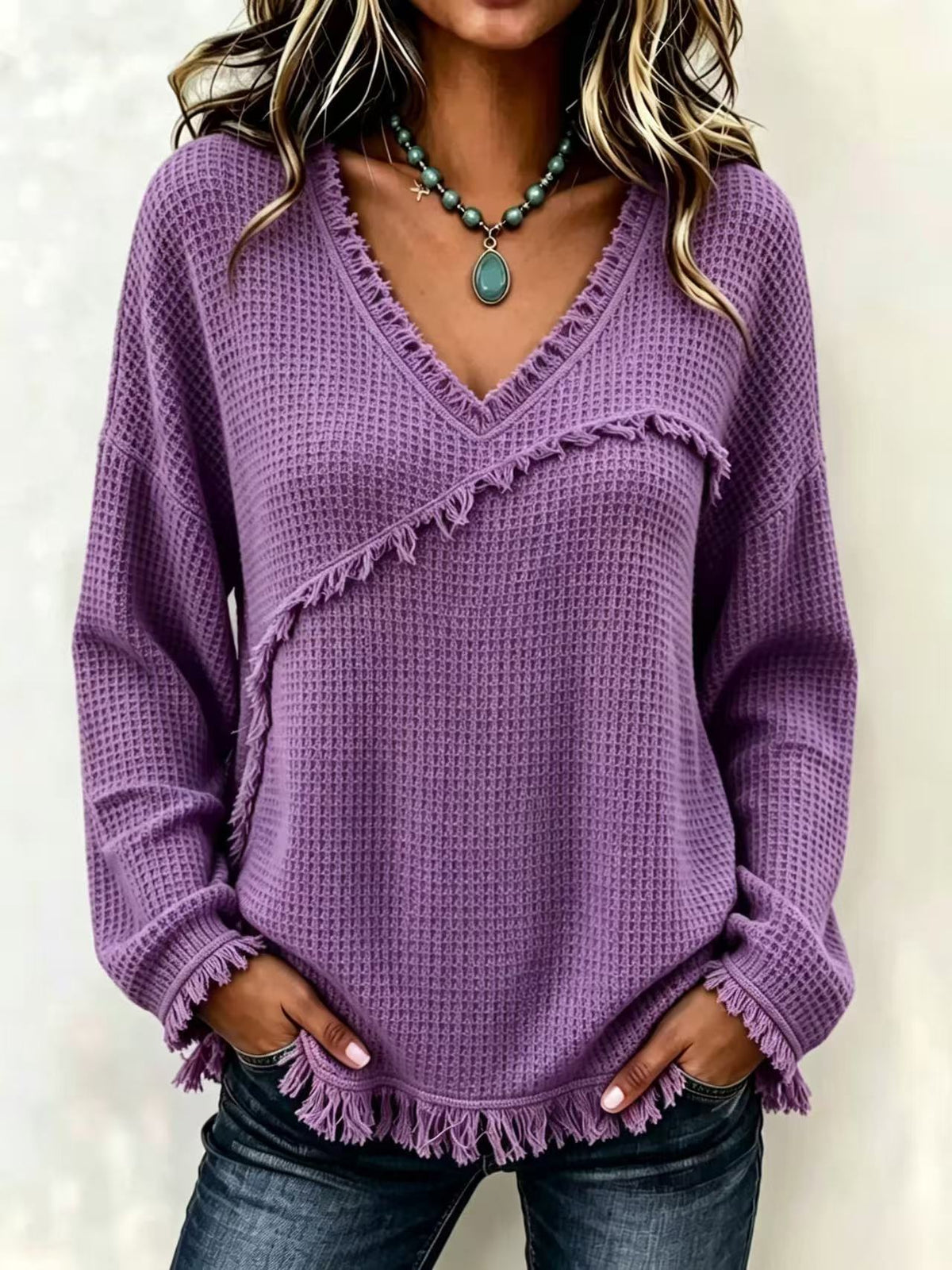 Fringe Trim Waffle Knit V‑Neck Sweater, Women Long Sleeve Loose Pullover Top