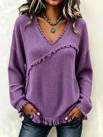 Fringe Trim Waffle Knit V‑Neck Sweater, Women Long Sleeve Loose Pullover Top