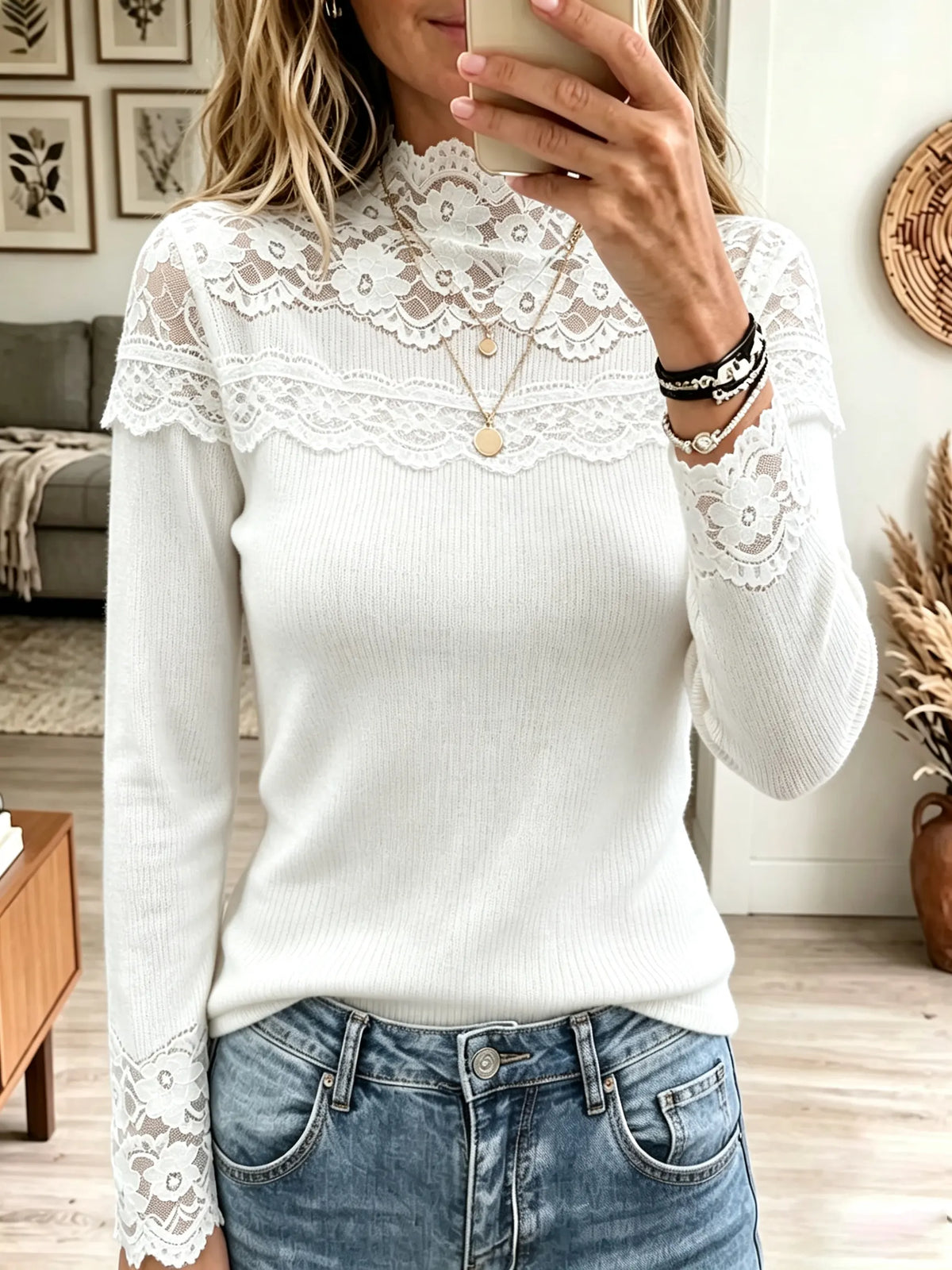 Women's Sheer Floral Lace Mock Neck Knit Top