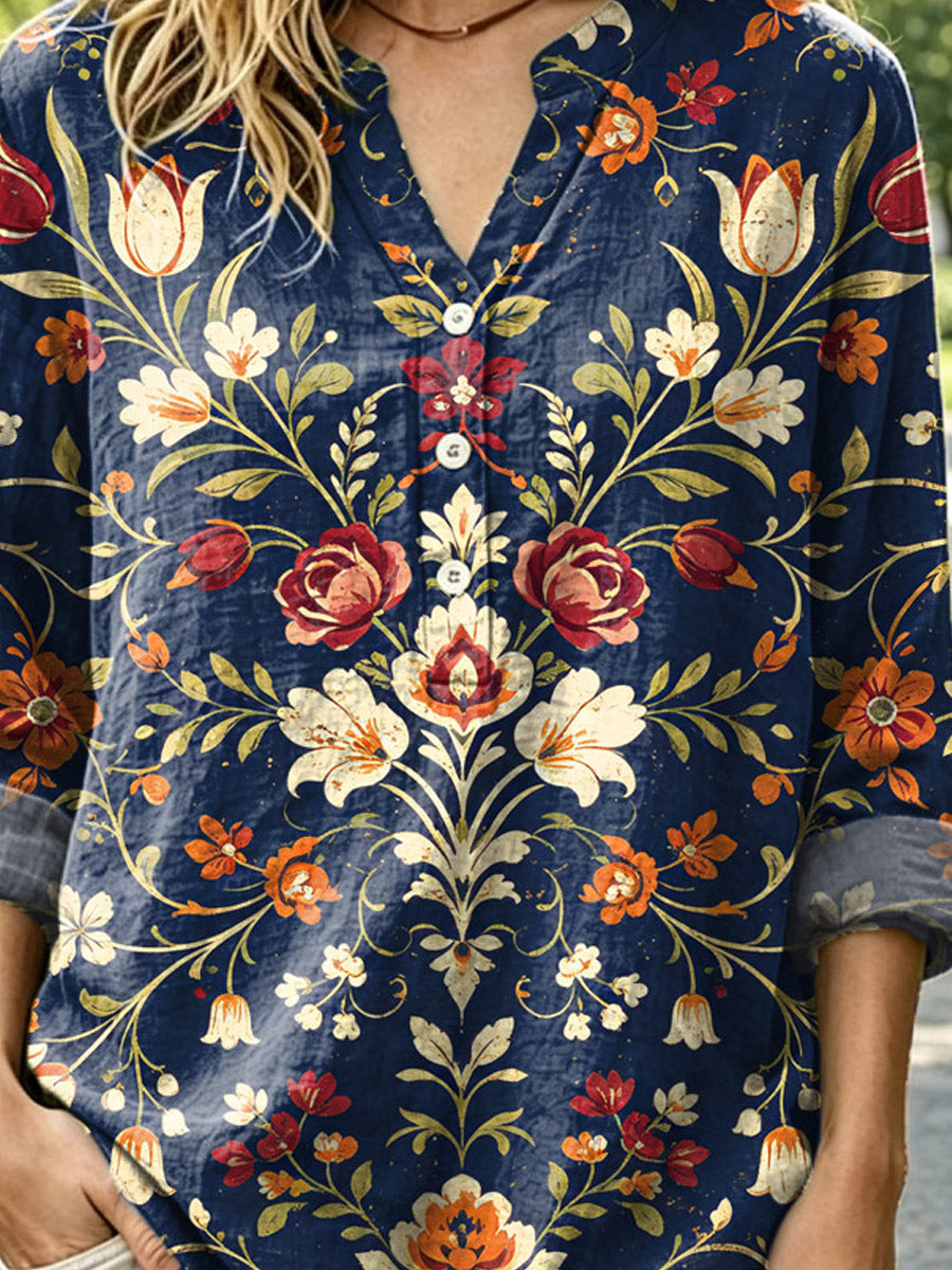 Women's Retro Floral Pattern Art Print Casual Long Sleeve Linen Shirt