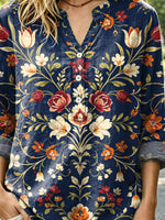Women's Retro Floral Pattern Art Print Casual Long Sleeve Linen Shirt