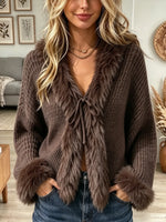 Women's Faux Fur Trim Tie-Front Cable Knit Cardigan