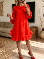 Women Solid Ruffle Bell Sleeve Loose Swing Mini Dress