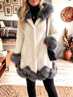 Hooded Faux Fur Contrast Trim Mid‑Length Coat Women Warm Winter Outerwear