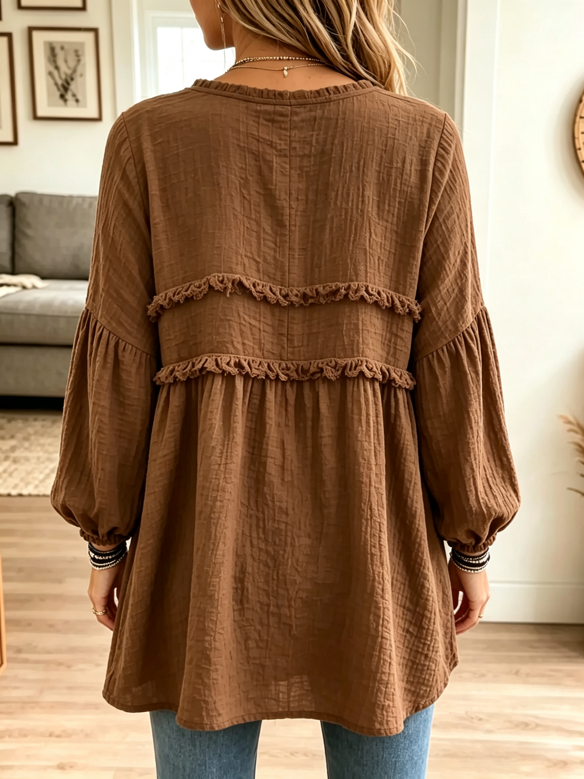 Women's Textured Crinkle Ruffle Babydoll Tunic Blouse