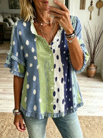 Women's Vertical Stripe Polka Dot Ruffle Short Sleeve Blouse