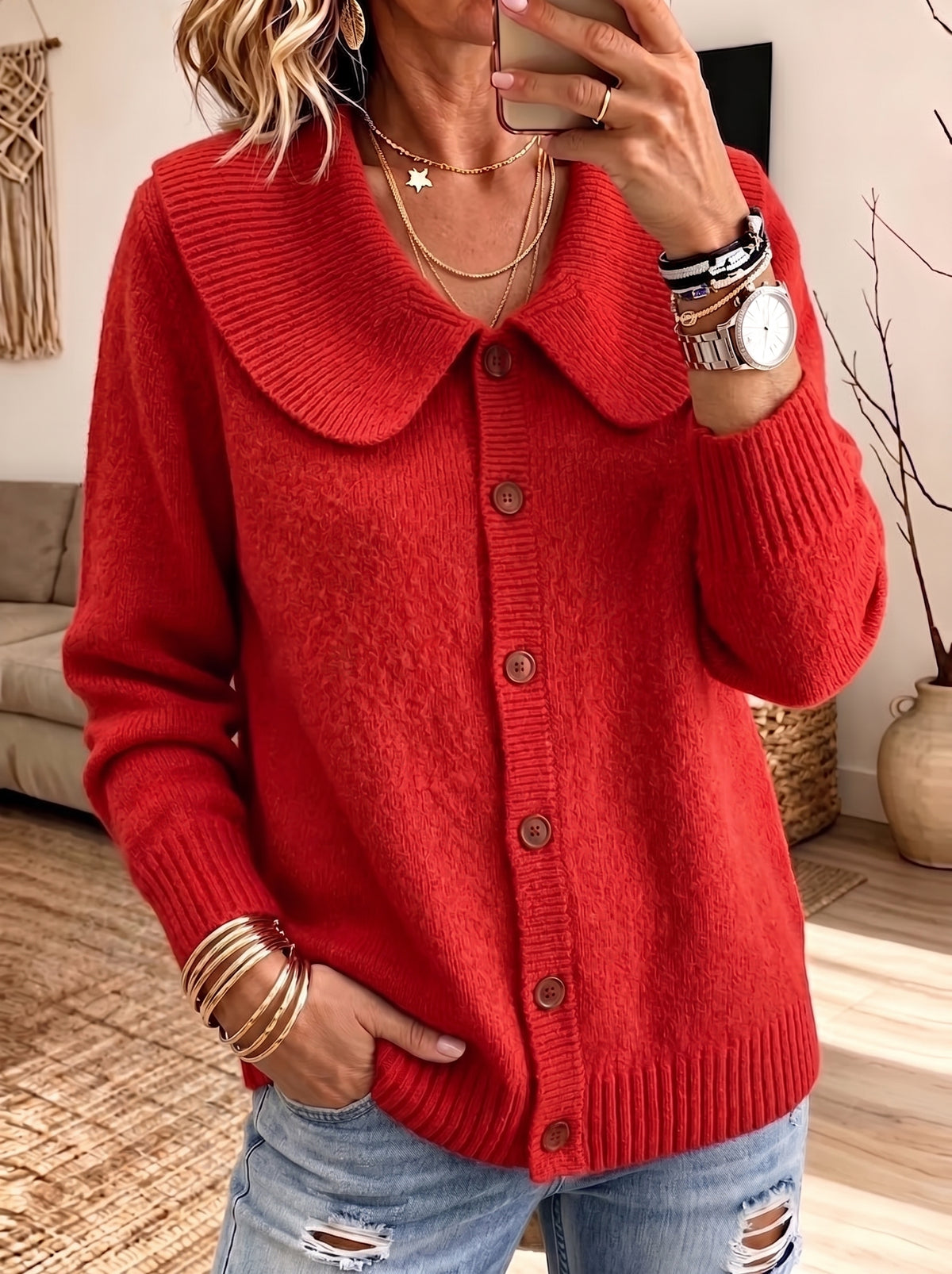 Peter Pan Collar Button Down Knit Cardigan Women Long Sleeve Sweater
