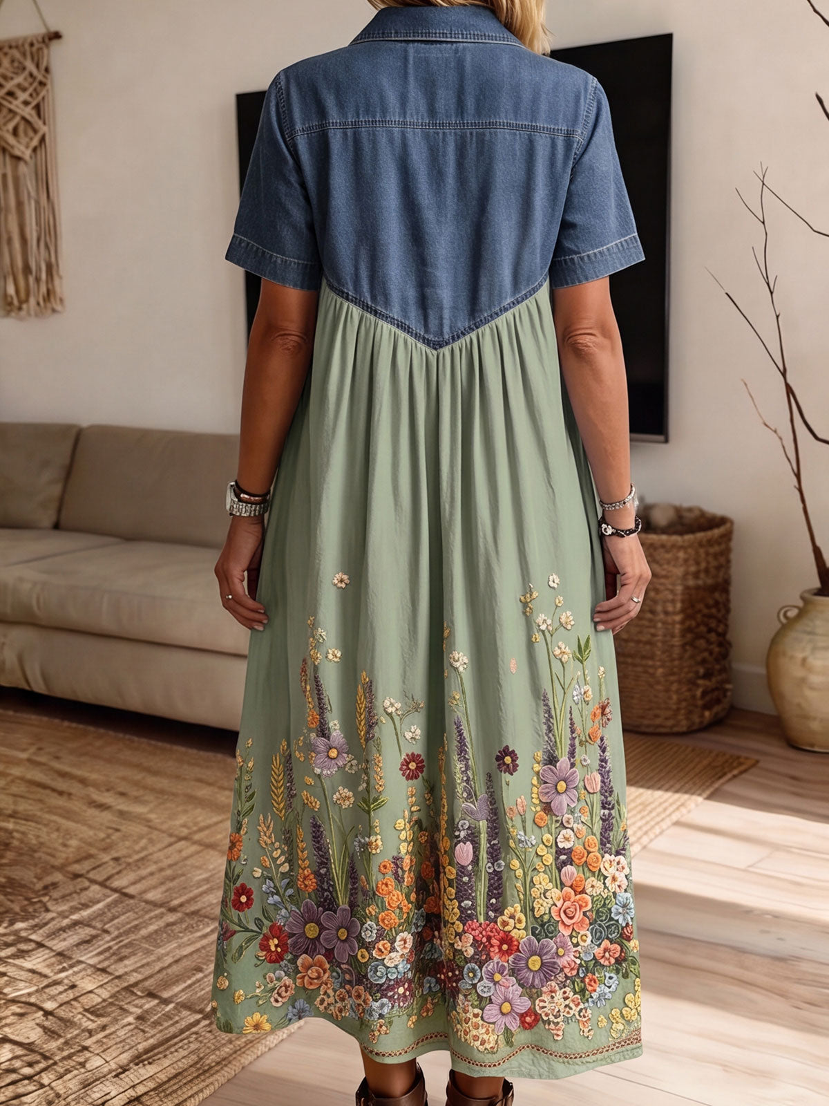 Women’s Denim Spliced Wildflower Embroidery Loose Midi Dress With Pockets