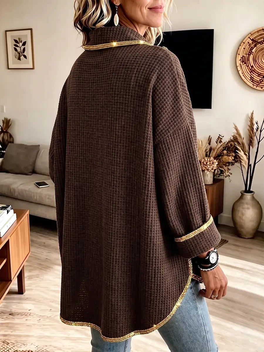 Women's Vintage Elegant Asymmetrical Waffle Gold Trim Poncho
