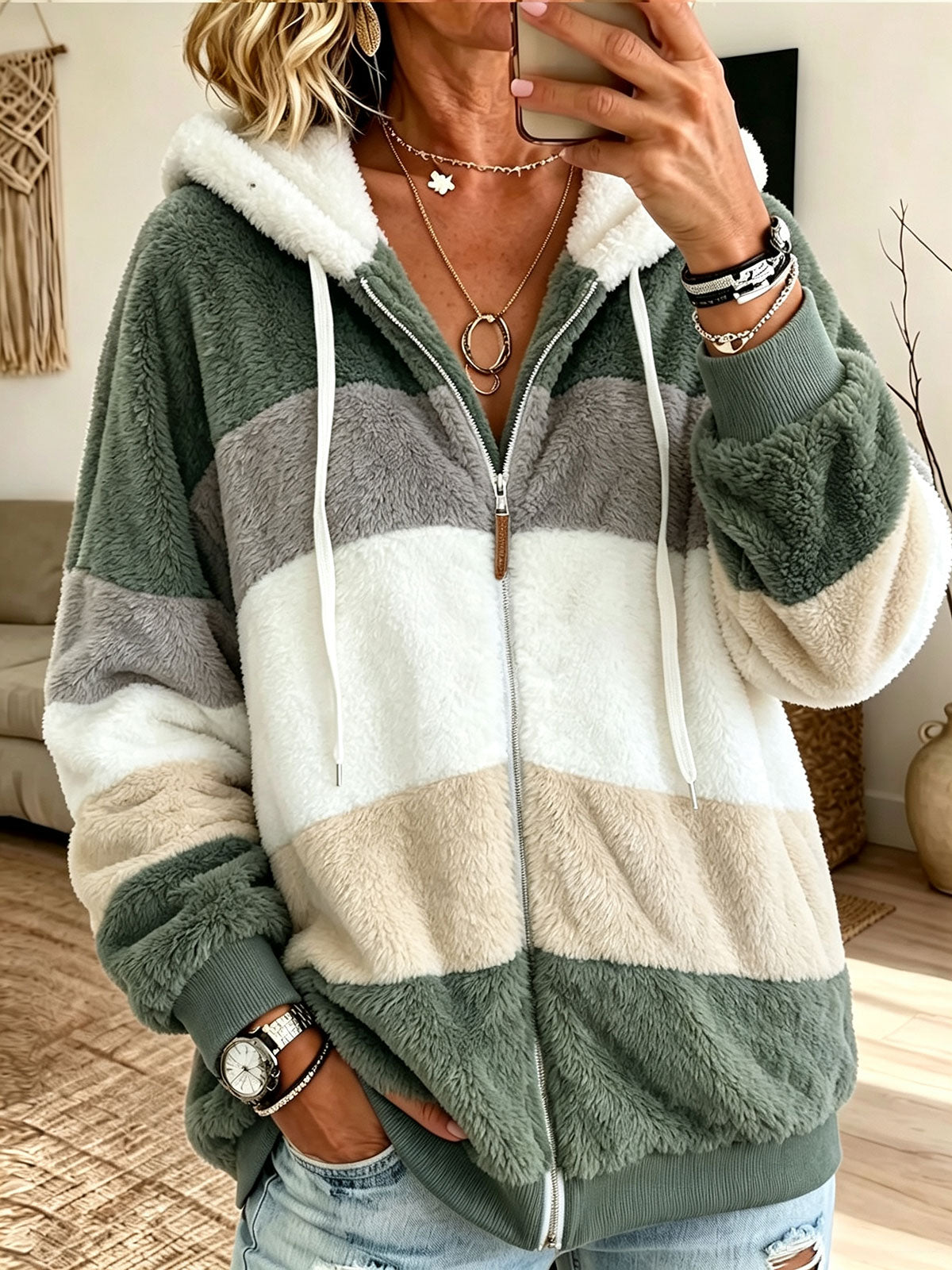 Women Loose Warm Fleece Color Block Fuzzy Zip Up Hooded Jacket Coat