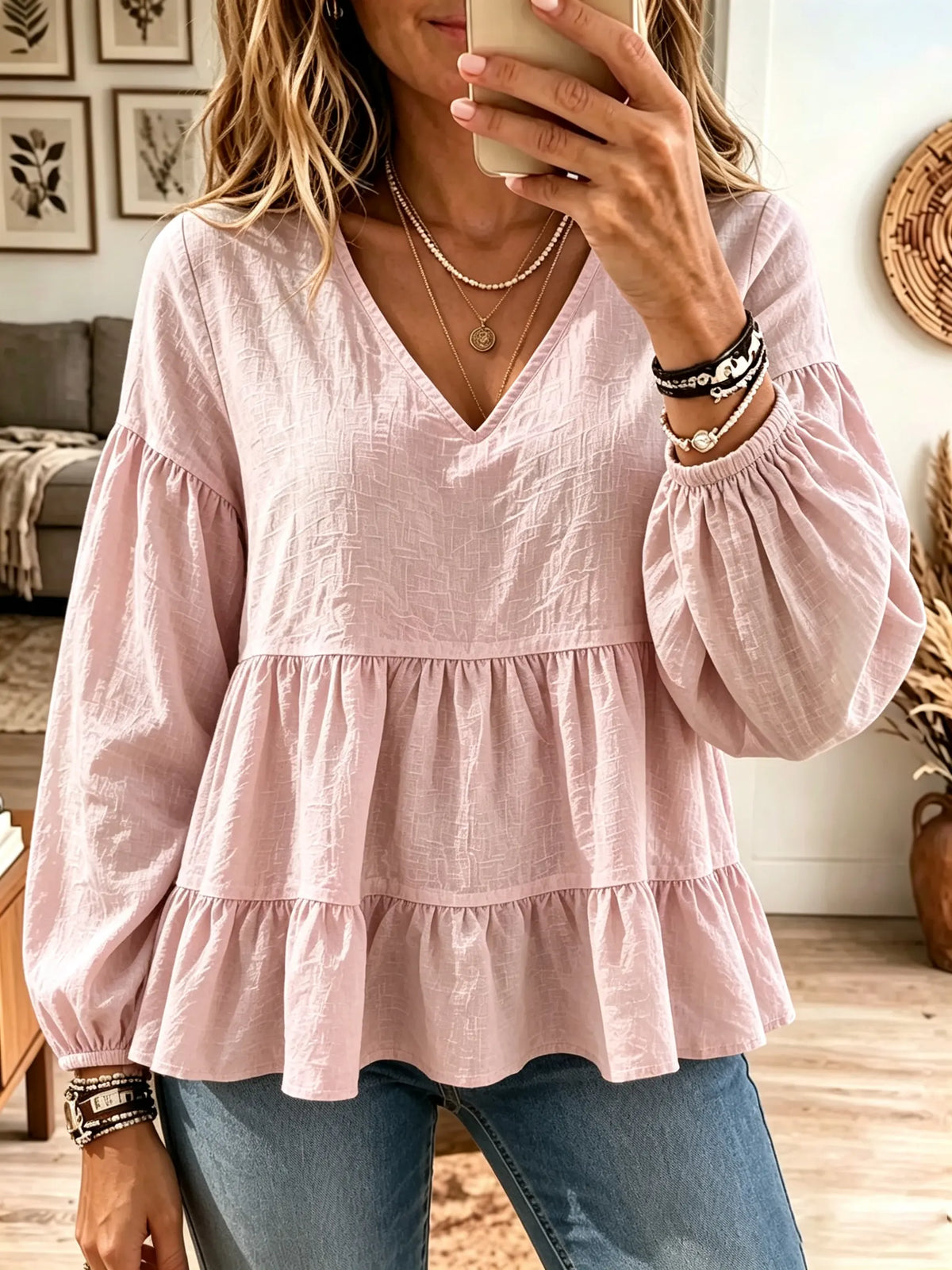 Women's Tiered Babydoll V-Neck Blouse