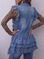Vintage Elegant Hollowed Out Lace Patchwork Denim Ruffled Jacket Vest