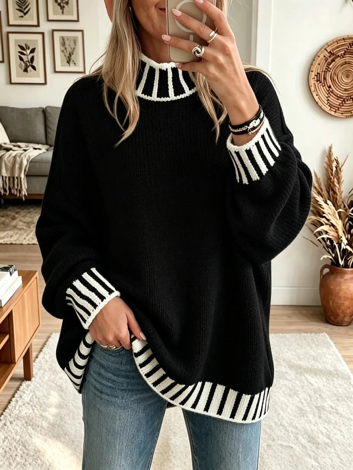Women's Striped Trim Mock Neck Sweater
