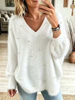 Women's Faux Pearl Embellished Fuzzy V-Neck Sweater