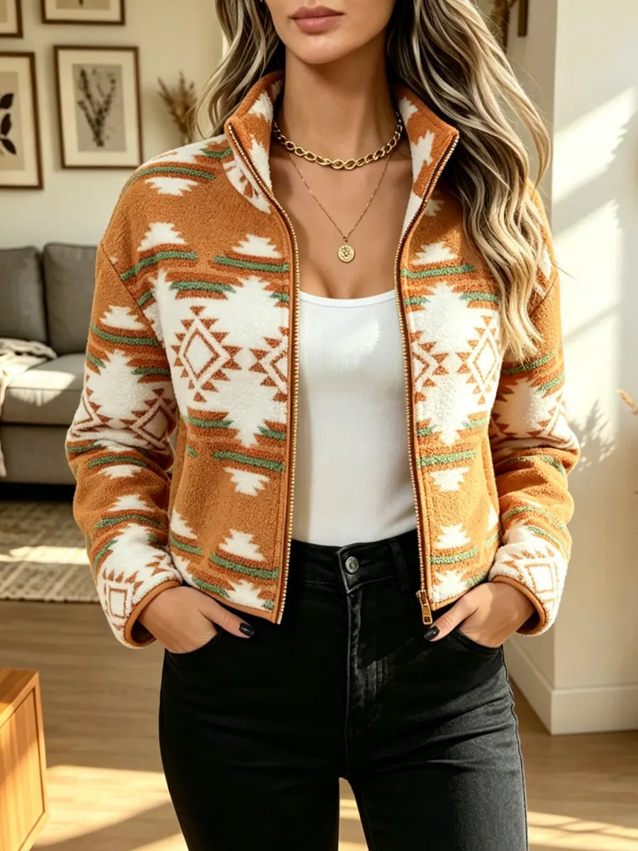 Retro Ethnic Pattern Art Casual Stylish Lapel Zip Long Sleeve Coat