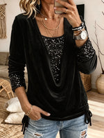 Velvet Cowl Neck 2‑in‑1 Blouse Sequin Long Sleeve Drawstring Party Top