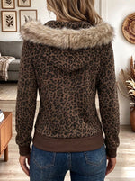 Women's Brown Leopard Print Full Zip Hoodie Sweatshirt with Faux Fur Hood Trim