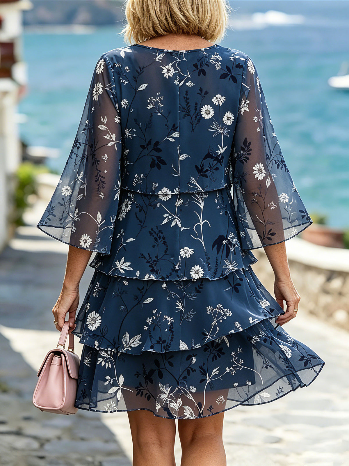 Women’s Navy Floral Print Split Flare Sleeve Tiered Ruffle Chiffon Dress