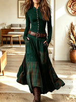 Vintage Plaid Patchwork Art Casual Stylish Long Sleeve Long Dress