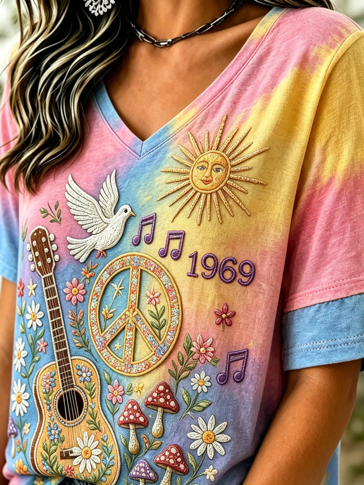 Women's Hippie Guitar Dove Sun Mushroom Musical Note Gradient Tie Dye Print V-Neck Short Sleeve Tee