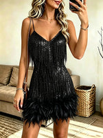 Women's Sexy V-neck Spaghetti Strap Dress With Feather Details