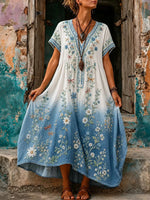 Women Gradient Floral Embroidery V-Neck Maxi Dress