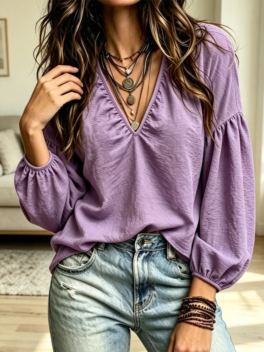 Retro Art V Collar Casual Stylish Long Sleeve Cotton Linen Shirt