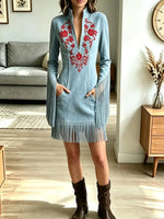 Vintage Western Fringe Zip Art Casual Stylish Long Sleeve Suede Midi Dress