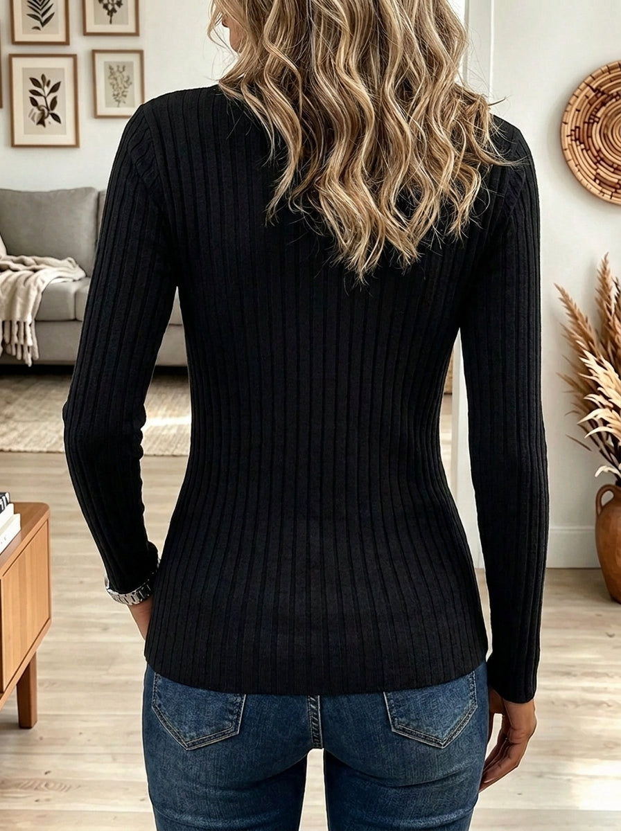 Women's Black Ribbed Knit Cowl Neck Long Sleeve Top with Heart Charm Detail