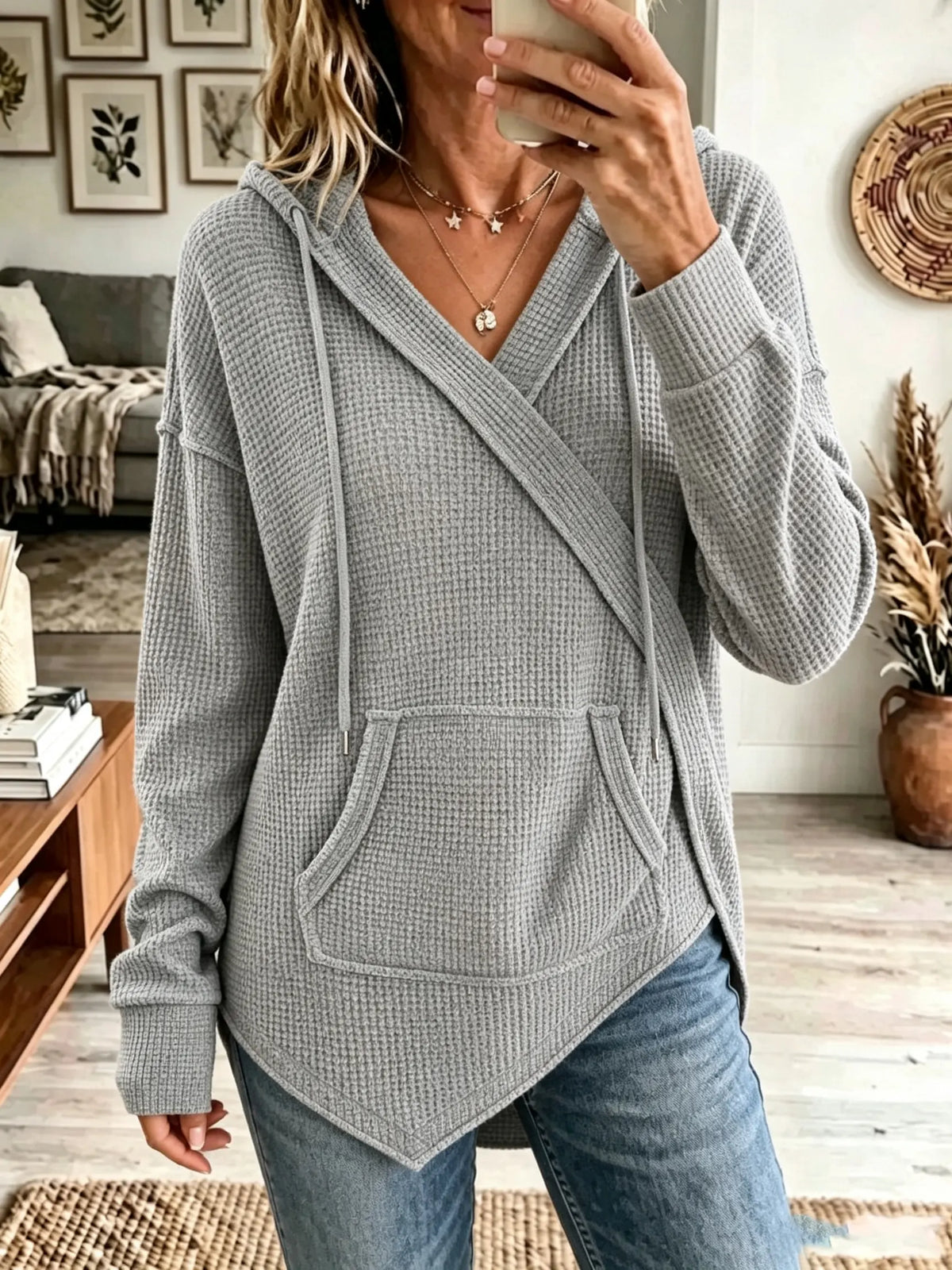 Women's Asymmetrical Cross Front Waffle Knit Hoodie