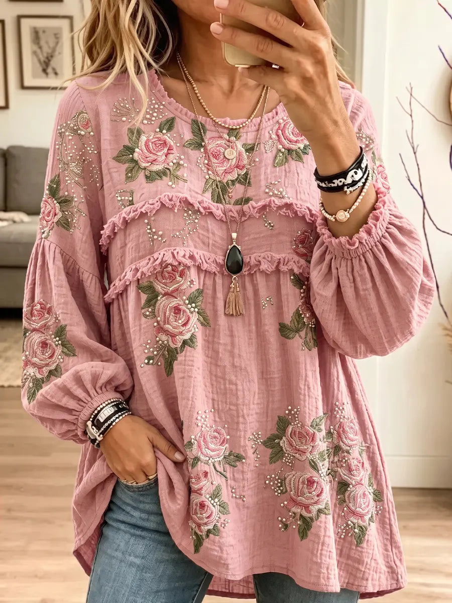 Women's Vintage Elegant Textured Crinkle Ruffle Babydoll Tunic Blouse