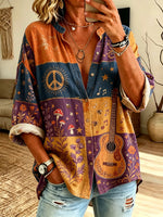 Women's Guitar Peace Print Button-Down Shirt