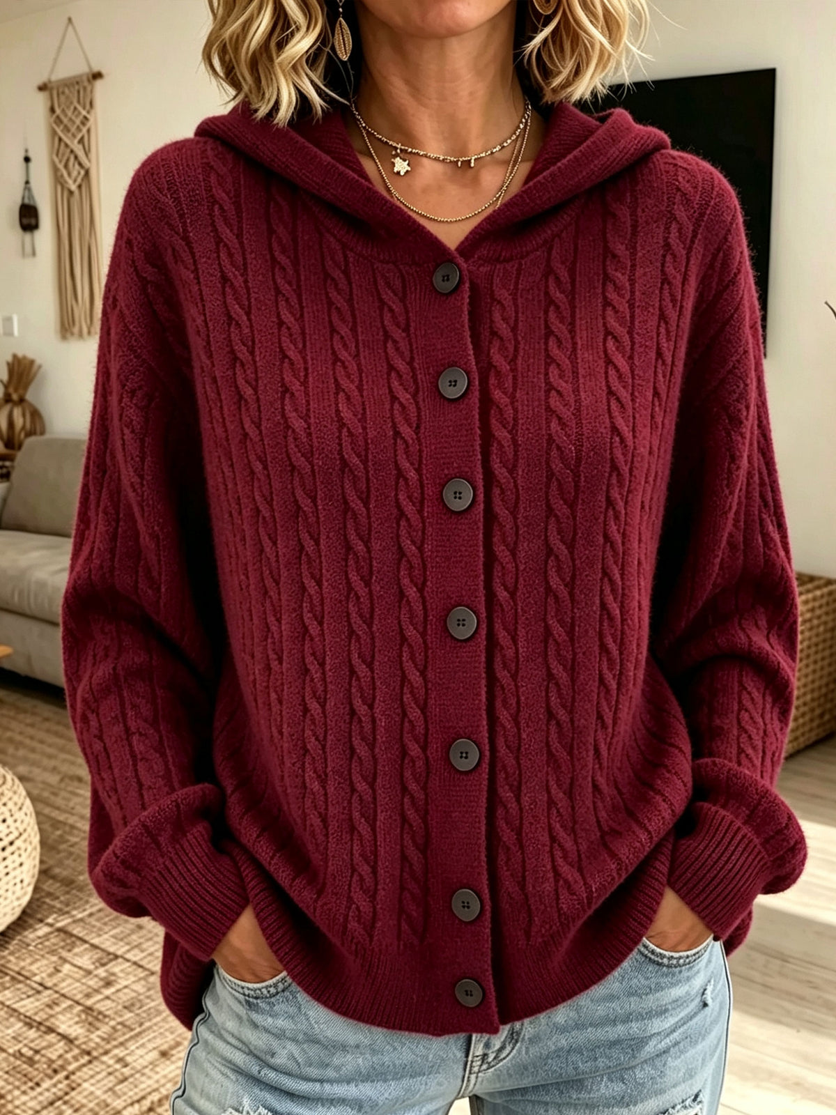 Women Cable Knit Hooded Cardigan Button Down Long Sleeve Sweater Coat With Pockets