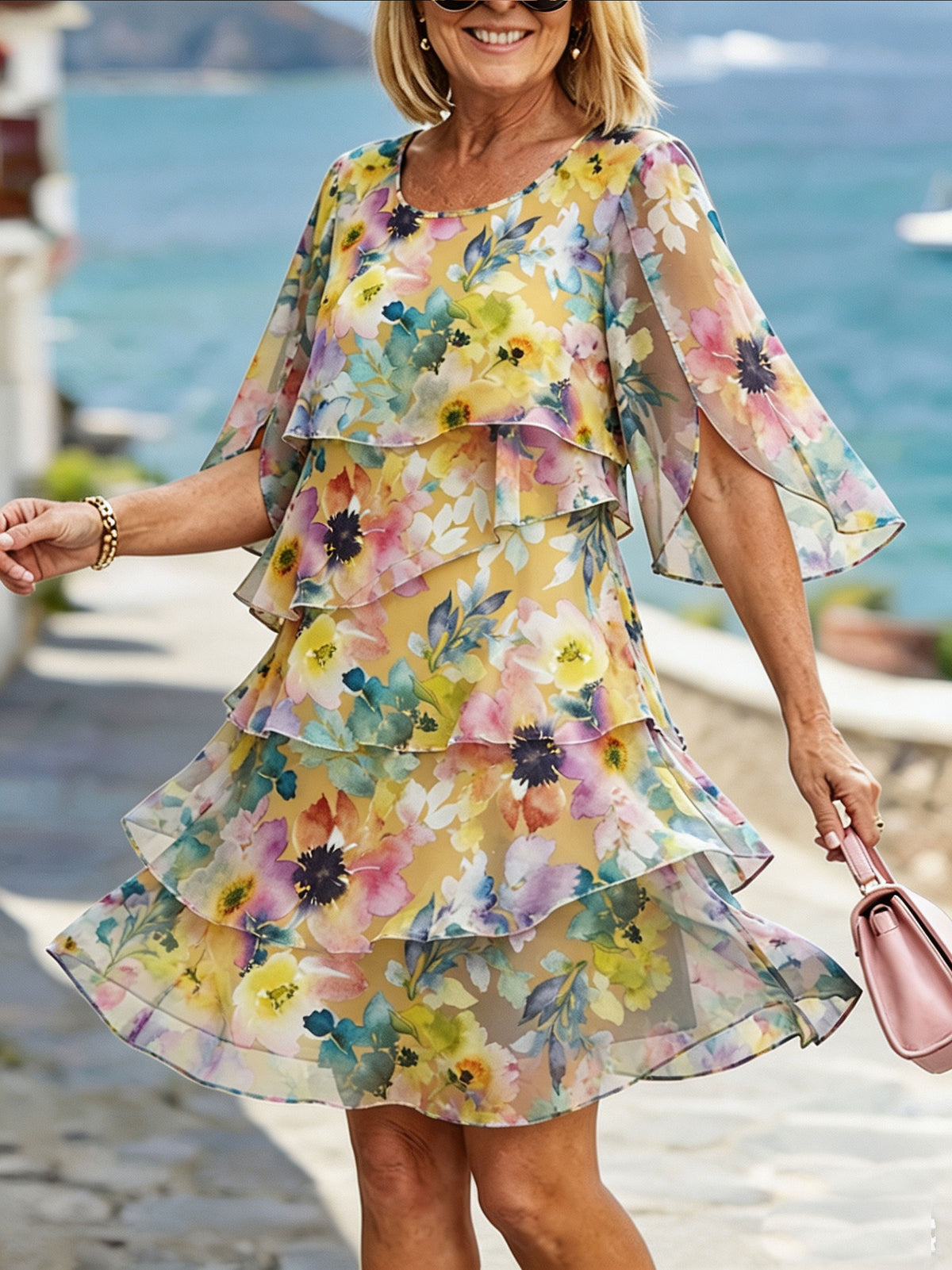 Women’s Watercolor Floral Print Flared Sleeve Layered Ruffle Chiffon Mini Dress