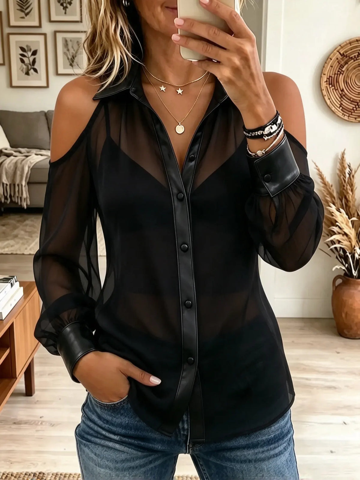 Women's Cold-Shoulder Faux Leather Trim Sheer Shirt