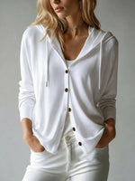Women's Solid Color Art Casual Hooded Long Sleeve Button Knit Cardigan