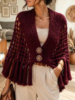 Women's Bohemian Style Hollow Crochet Tassel Shawl Cape Cardigan