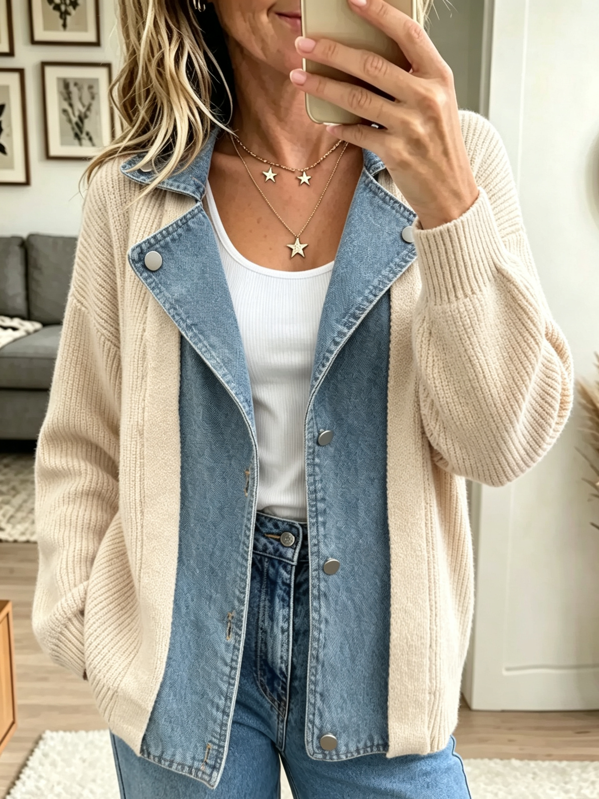Women's Denim Notch Lapel Knit Cardigan