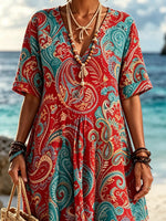 Women Red Base Vintage Paisley Swirl Print Casual Maxi Dress