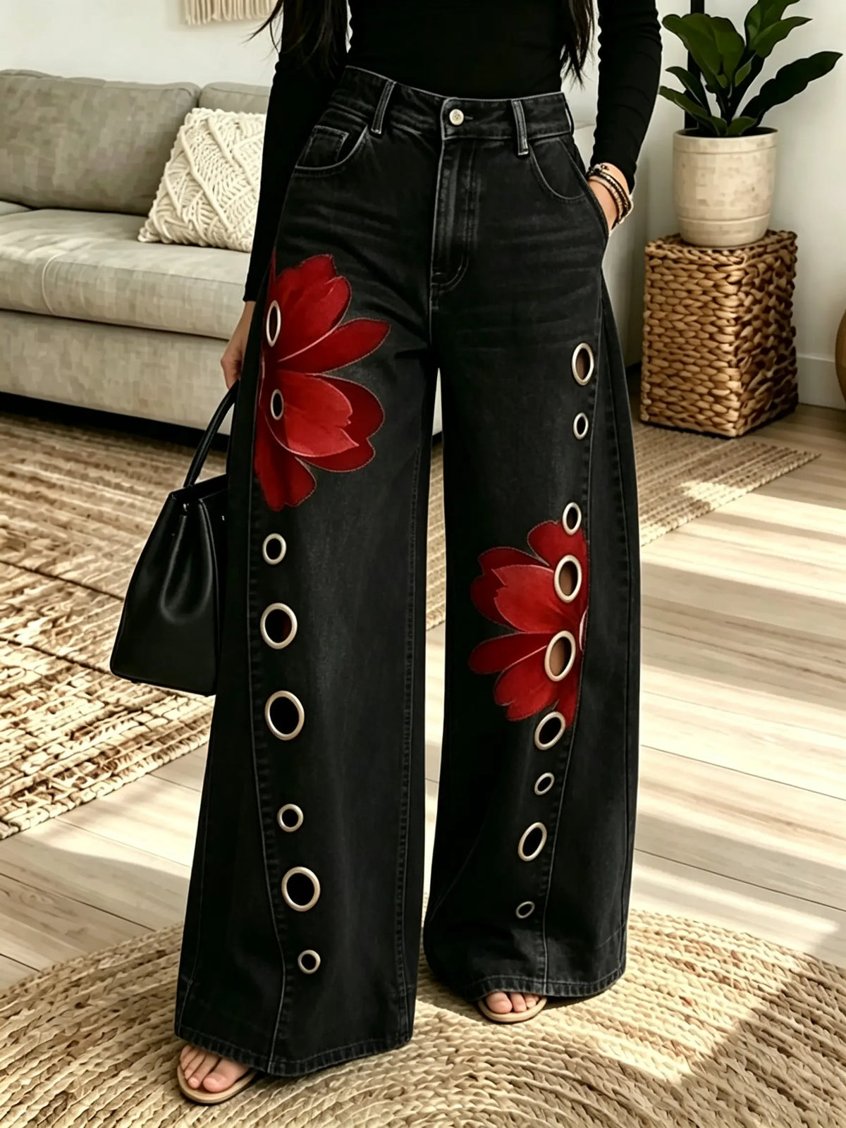 Women's Grommet Floral Patchwork Wide-Leg Jeans