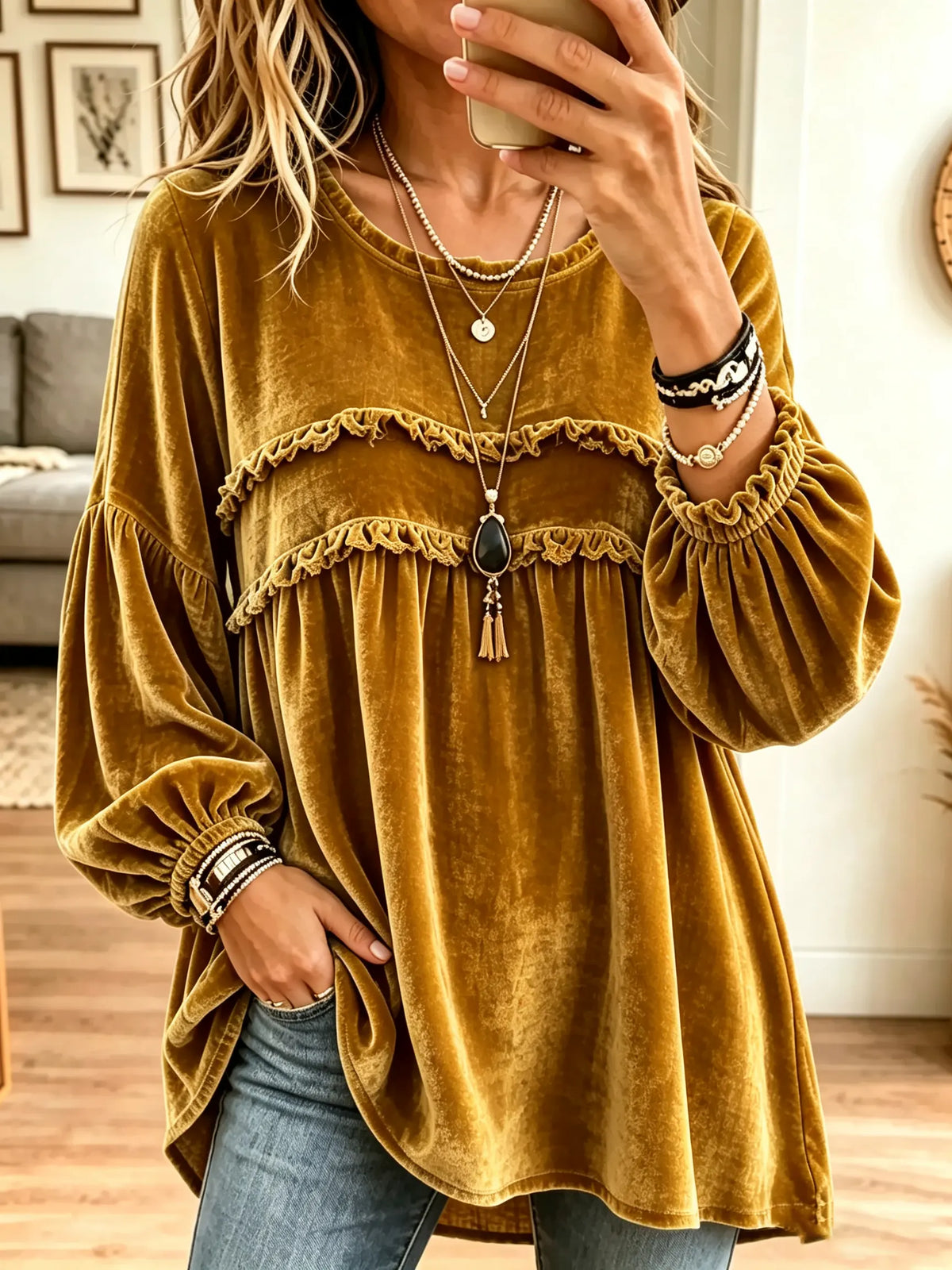 Women's Tiered Ruffle Velvet Babydoll Blouse