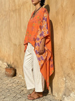 Women‘s Boho Orange Floral Batwing Oversized Kaftan Tunic Top
