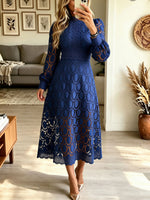 Women's High Neck Lace Midi Dress, Long Puff Sleeve Hollow Crochet Formal Party Dress