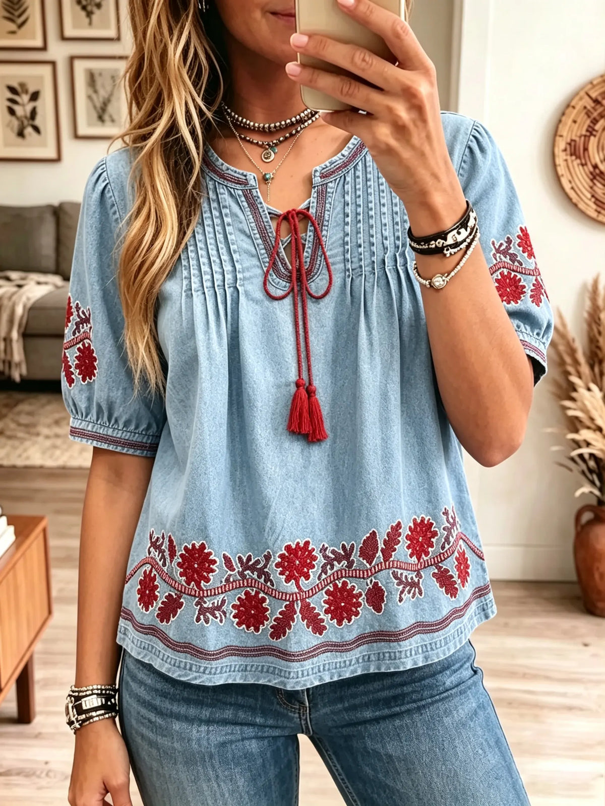 Women's Floral Embroidered Tassel Denim Top