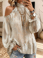 Boho Paisley Print Cold‑Shoulder Blouse Ruffled High Neck Long Sleeve Top