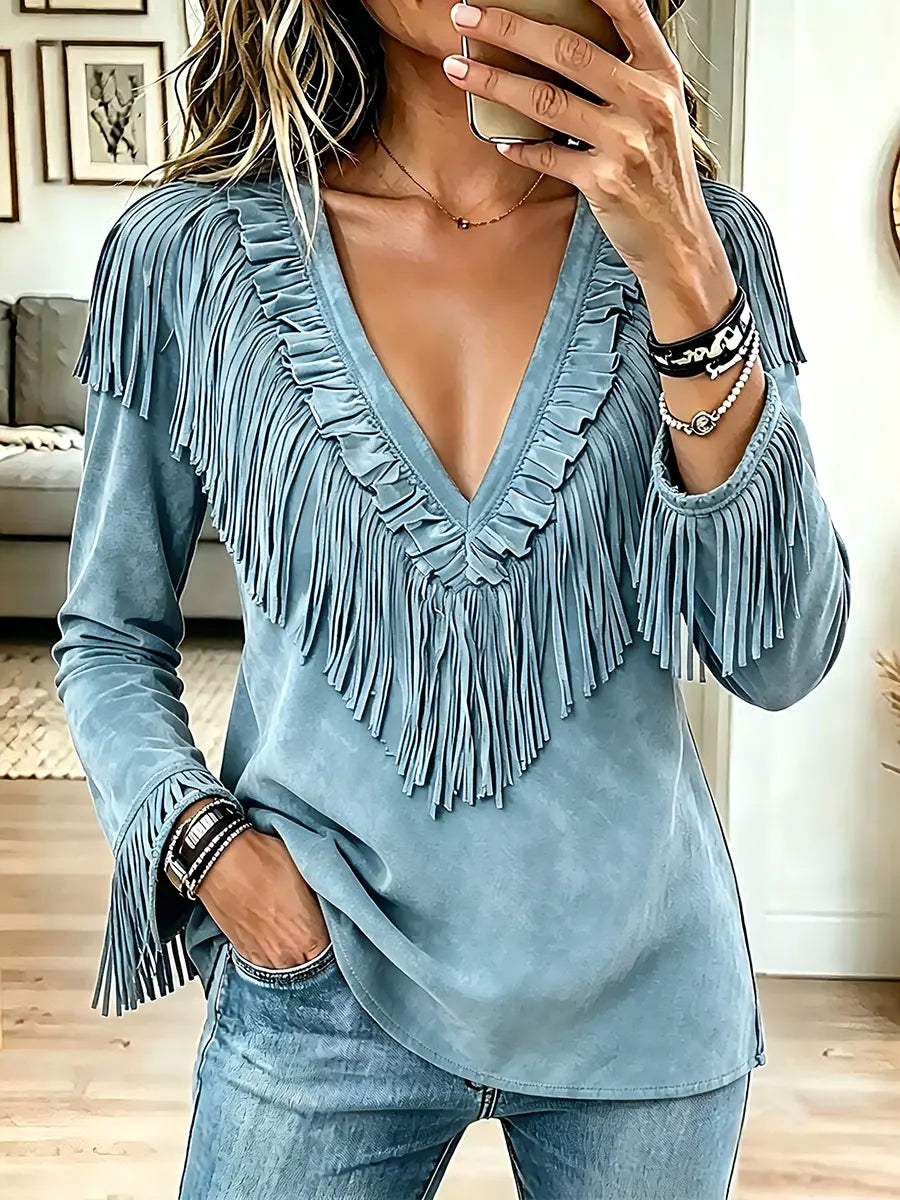 Vintage Elegant Tassel Suede Shirt