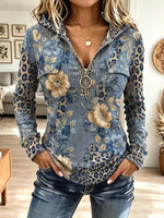 Vintage Floral Leopard Pattern Zip Art Casual Stylish Hooded Long Sleeve Top