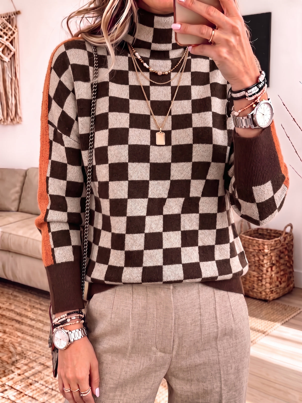 Turtleneck Checkerboard Color Block Long Sleeve Knit Sweater